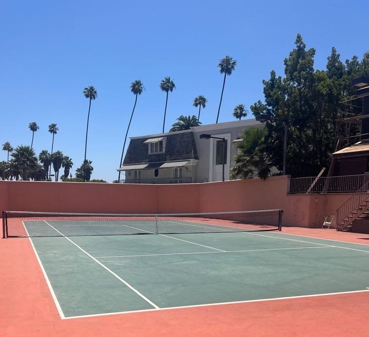 Outdoor tennis court surrounded by palm trees and residences for tennis lessons and stroke practice